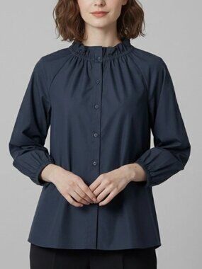 Ann Mashburn Size L Navy Cotton Poplin Ruffle Neck Button Front Blouse
